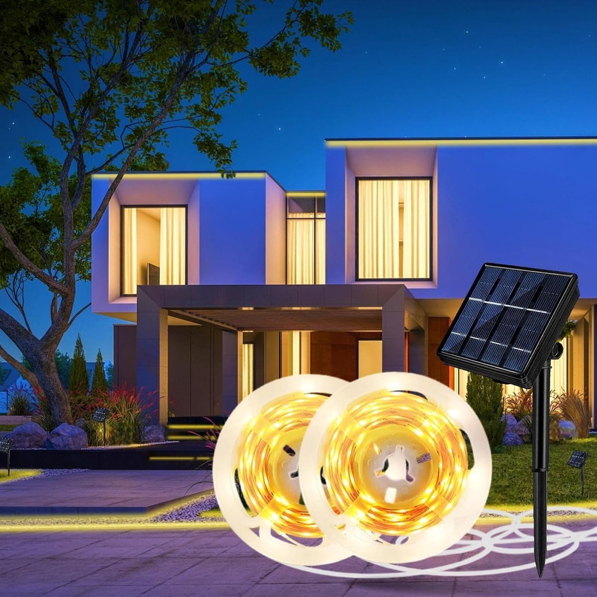 SnelShoppen - 2x Ledstrip op Zonne-energie 5 Meter Warm Wit 3000K Dimbaar met Afstandsbediening - 320 LEDs - Waterdicht IP65 voor Tuin, Paviljoen, Cam