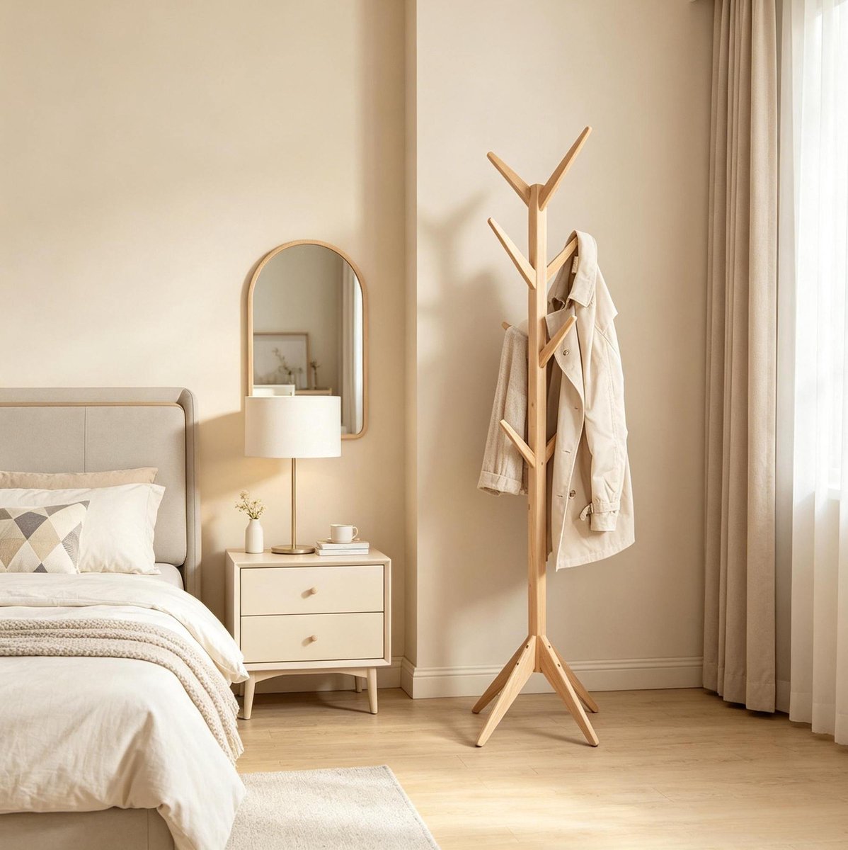 HAUSS SPOLE Kledingrek – 43 x 43 x 180 cm – Massief Hout – Natuurlijke Houtkleur – 8 Haken – Staand Voor Hal Slaapkamer Woonkamer