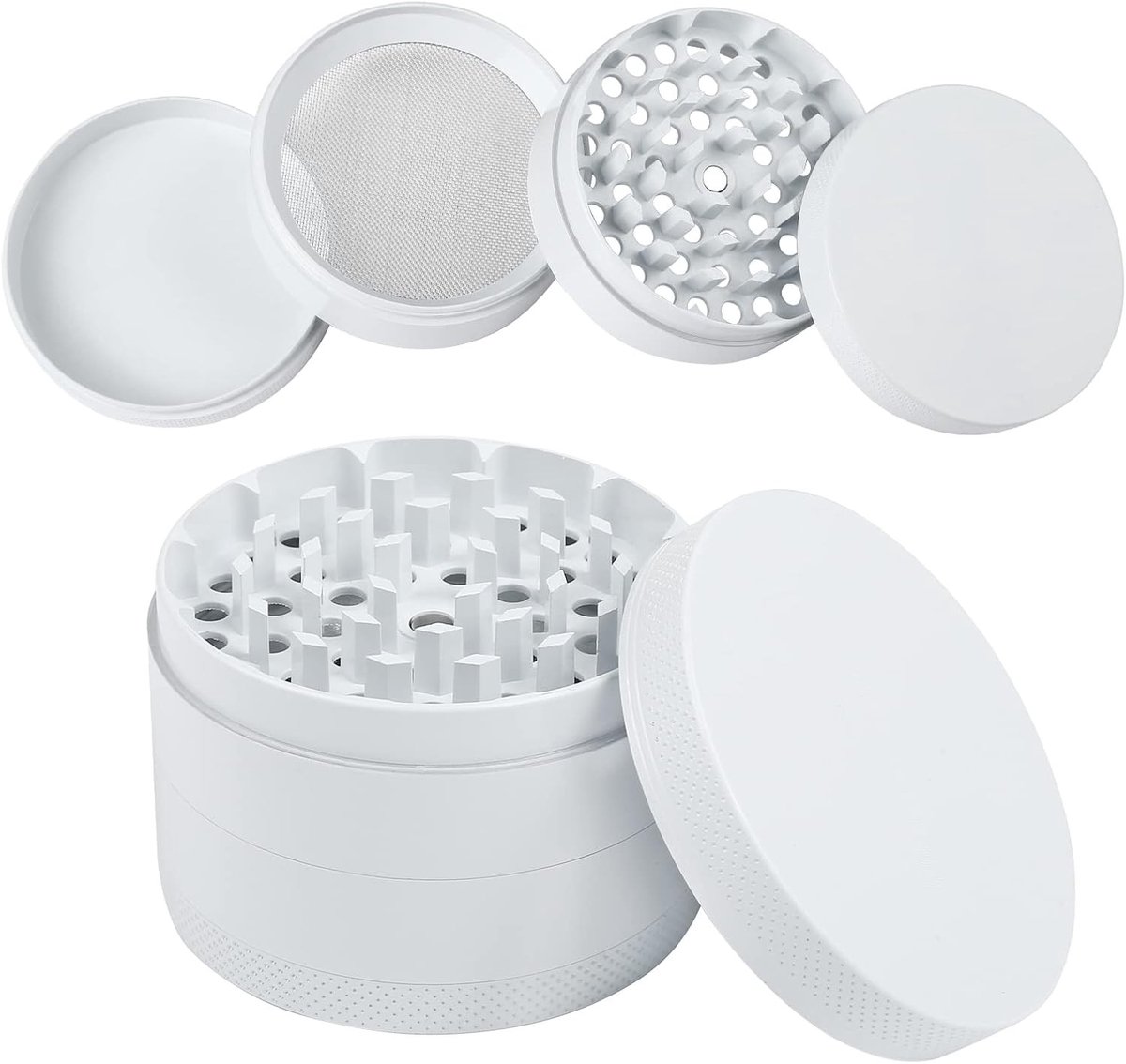Keramische Witte 4-delige Grinder met Pollen Schraper voor Specerijen, Kruidenslijper en Cadeau voor Vader of Partner (63mm, Wit)
