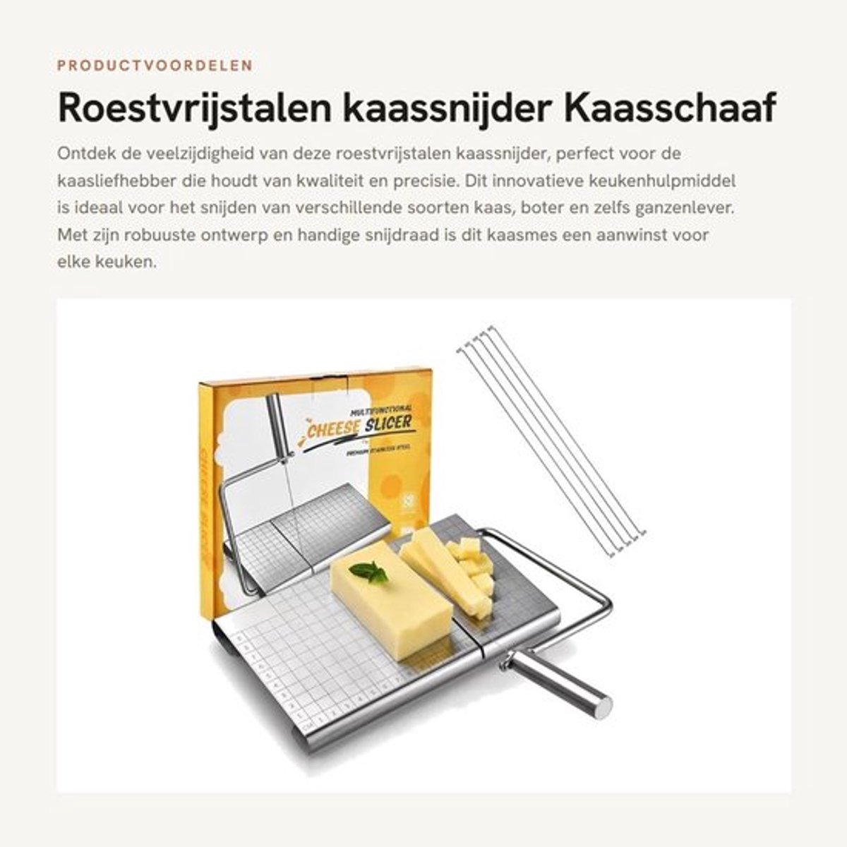 Kaassnijder met Draad - Roestvrij Staal - Antislip Voetsteun - Nauwkeurig Snijden - Voor Zachte/Halfharde Kaas - Inclusief 6 Staaldraden - Kaasmes