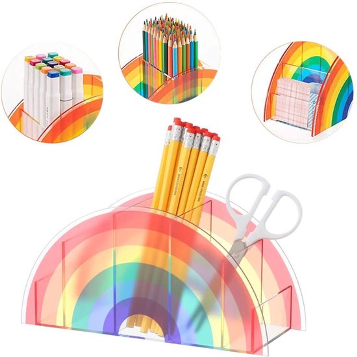 Pennenorganizer Acryl - Doorzichtige Potloodhouder - Regenboog Vorm - 5 Vakken - 12 x 9 x 24 cm - Duurzaam en Stijlvol - Pennenhouder