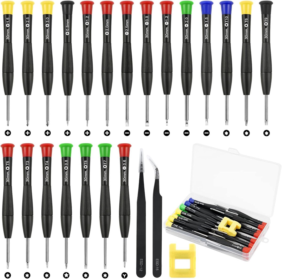 SnelShoppen - 23-delige Precisie Mini Schroevendraaierset voor Horloge, Brillen, Computers, Telefoons met 2 Tandpincetten, 1 Demagnetiseur, Opbergtas