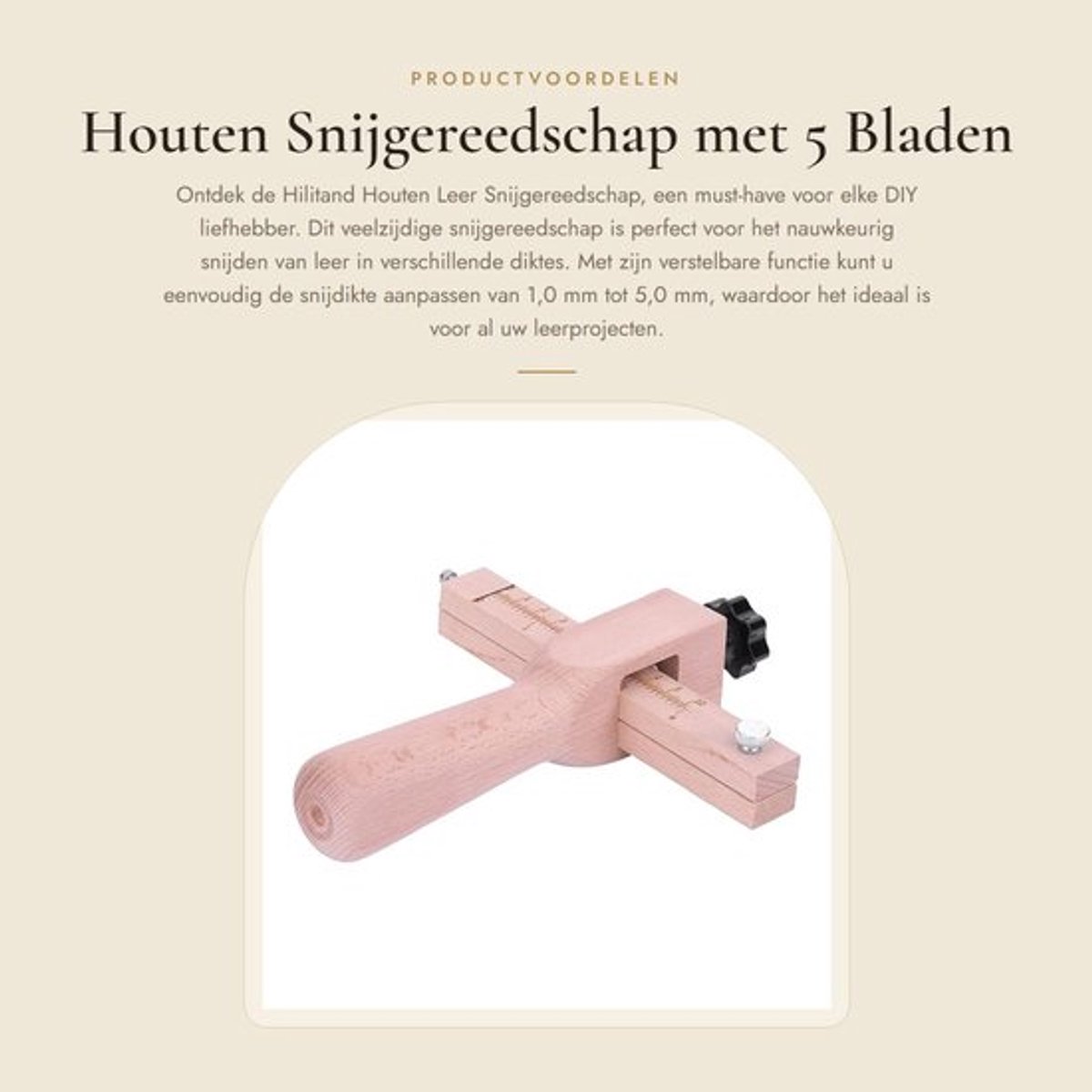 Lederen Snijder - Verstelbare Houten Snijder - 5 Bladen - Snijbreedte 1.0-5.0mm - DIY Leerbewerking - Roestvrij Stalen Onderdeel - Riemsnijder