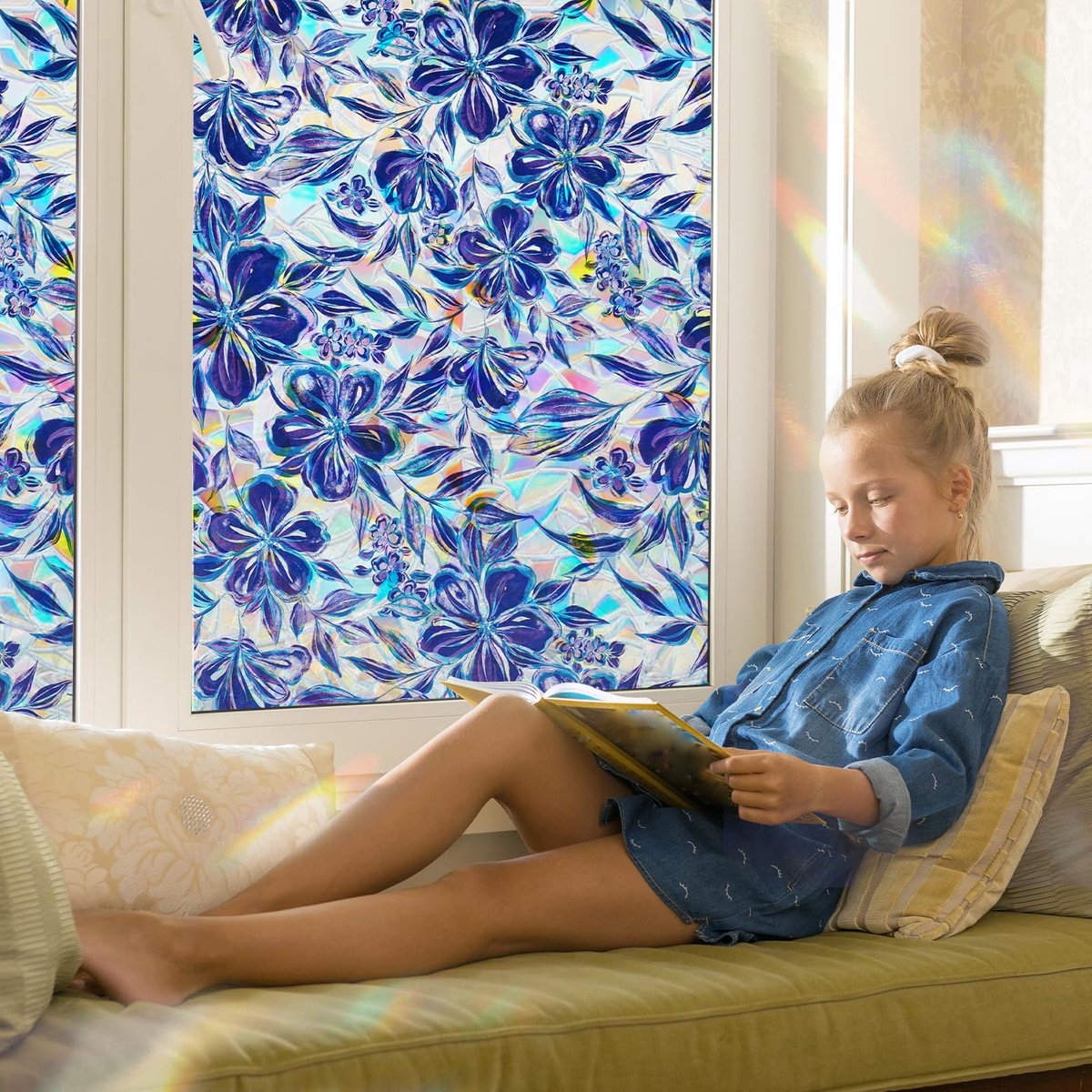 SnelShoppen - Regenboog Raamfolie Gekleurde Raamfolie 90x200cm met Paarse Bloemen voor Decoratie, Privacy en Feestelijke Gelegenheden