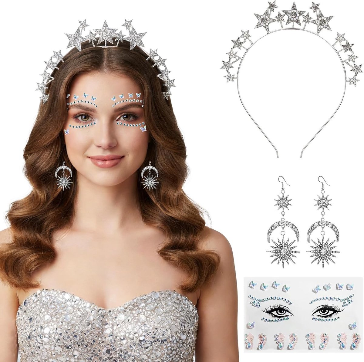 Set van 3 Haarbanden met Strass en Glitter voor Carnaval, Themafeesten en Kostuums met Zon, Maan en Sterren