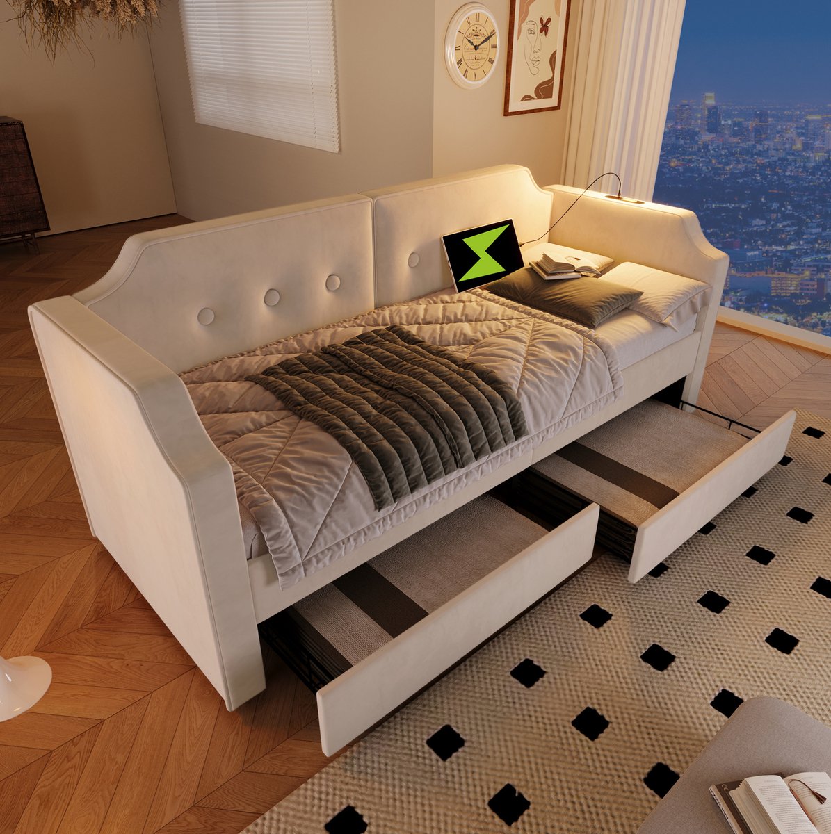 COVREO Bedbank 90x200 cm beige velours met USB-C en leslamp, zonder matras