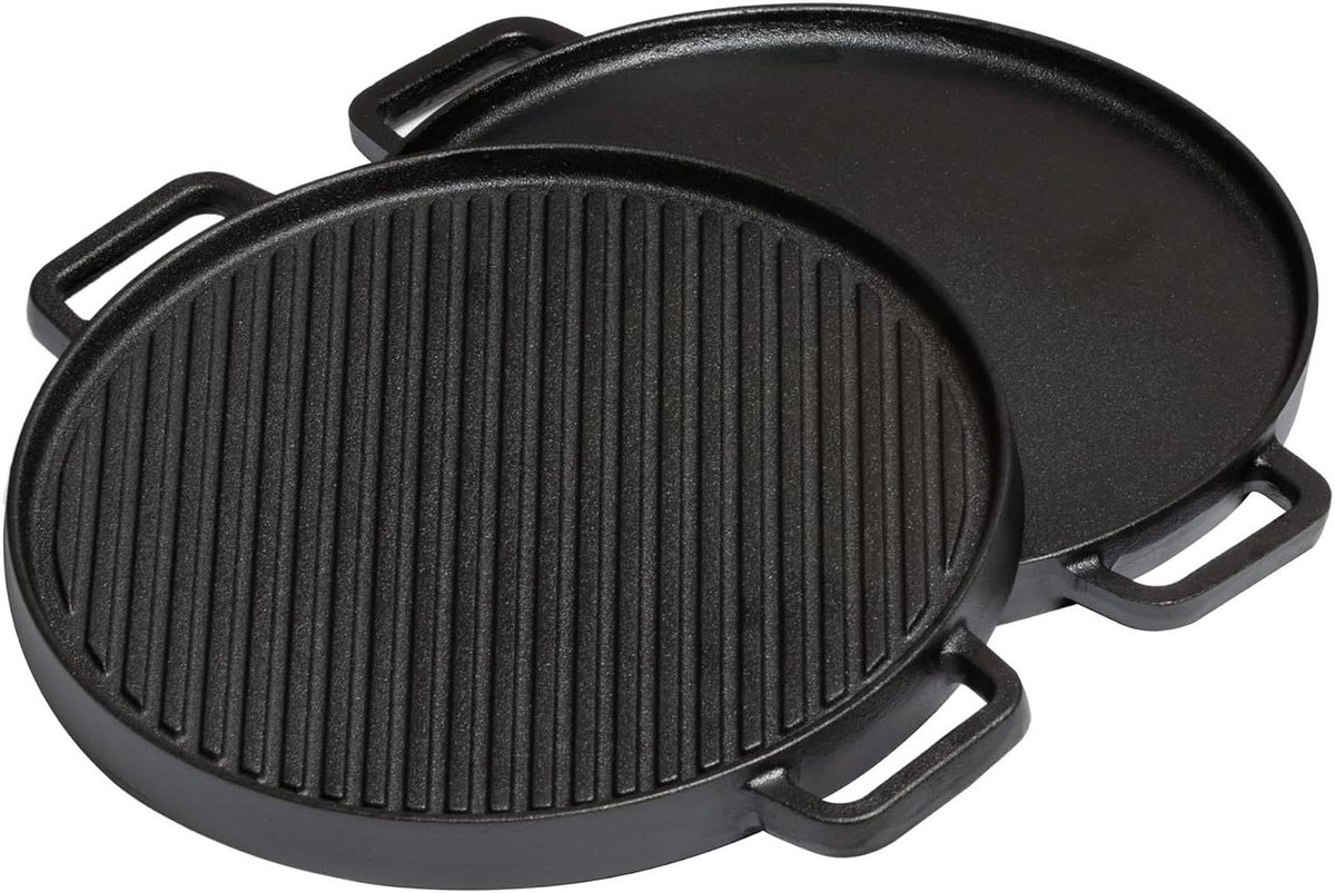 Dubbelzijdige Grillplaat - Gietijzeren Plaat - Koken en Grillen - Glad en Geribbeld - 30 cm - Zwart