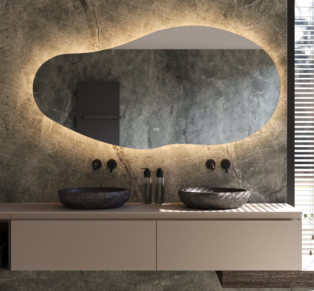 Schaere - Organische Badkamerspiegel - Indirecte Verlichting - Spiegel Verwarming - Instelbare Lichtkleur - Dimfunctie - 120×70 cm