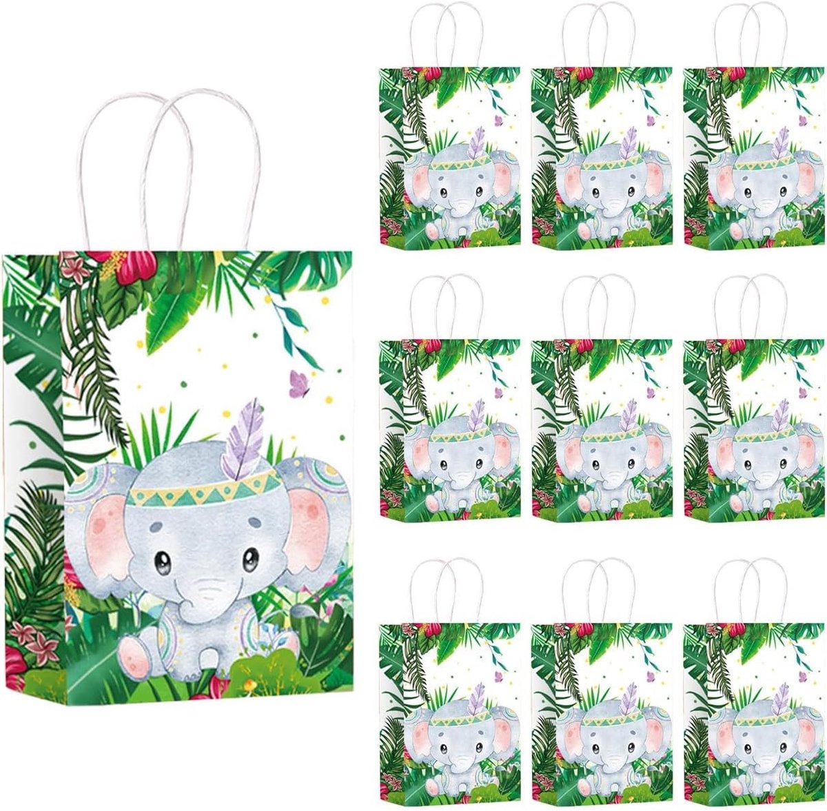 10 Stuks 16x22x8 cm Olifant Verjaardagstassen voor Kinderen - Jungle Thema Kraft Papieren Feesttassen met Handvatten, Goodie Bags en Snoepzakjes voor Kinderfeestjes en Verjaardagen