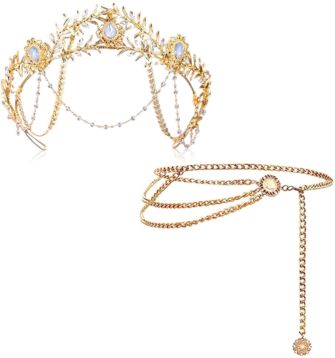 SnelShoppen - Set van twee Griekse Godin Kostuums met Bruidsjuwelen, Bovenarmsieraad, Oorkransen, Lauwerkrans, Haarklem, Sieraden, Bladeren, Haarkroon