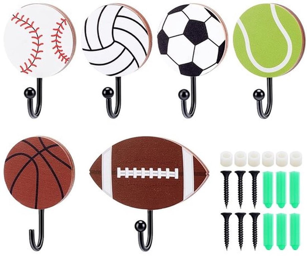 Haken 6 Stuks Set - Houten Haken - Sportballen Haken - Wandhaken - Decoratieve Haken - Veelzijdige Toepassingen
