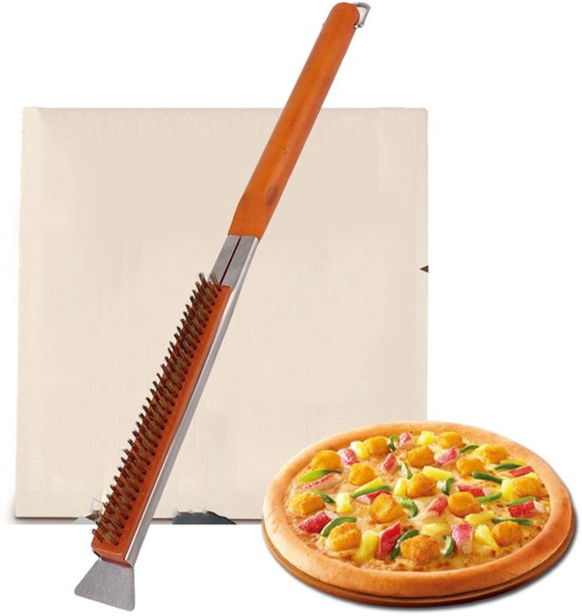Pizzaovenborstel Hittebestendig - Grillborstel - Pizzasteenborstel - Reinigingsborstel - Multifunctioneel - Rubberhouten Handvat