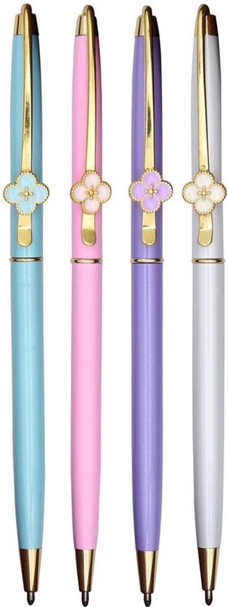 Gullor 4 stuks mode vierbladige klaver balpen, gladde schrijfpen ideaal voor planner journaling, kantoor en school schrijven, multicolorB