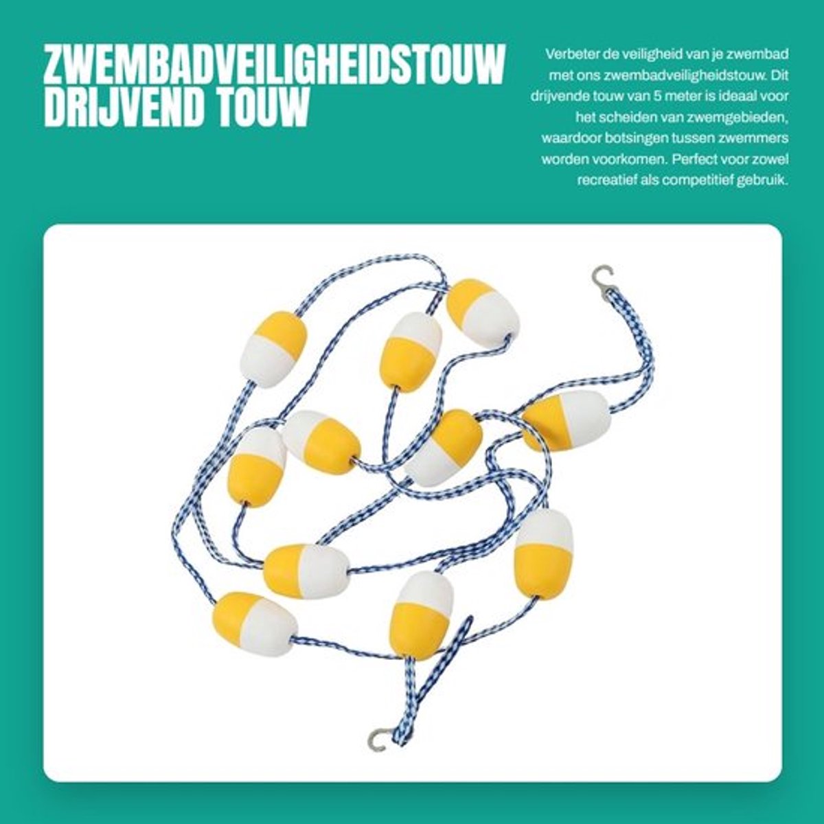 Zwembadveiligheidstouw 5M - Drijvend Touw met Haken - Herbruikbare Vlotterlijn - Zwembadverdelertouw - Zwemwedstrijd Accessoires - Verhoogt veiligheid en voorkomt botsingen - Baanlijn