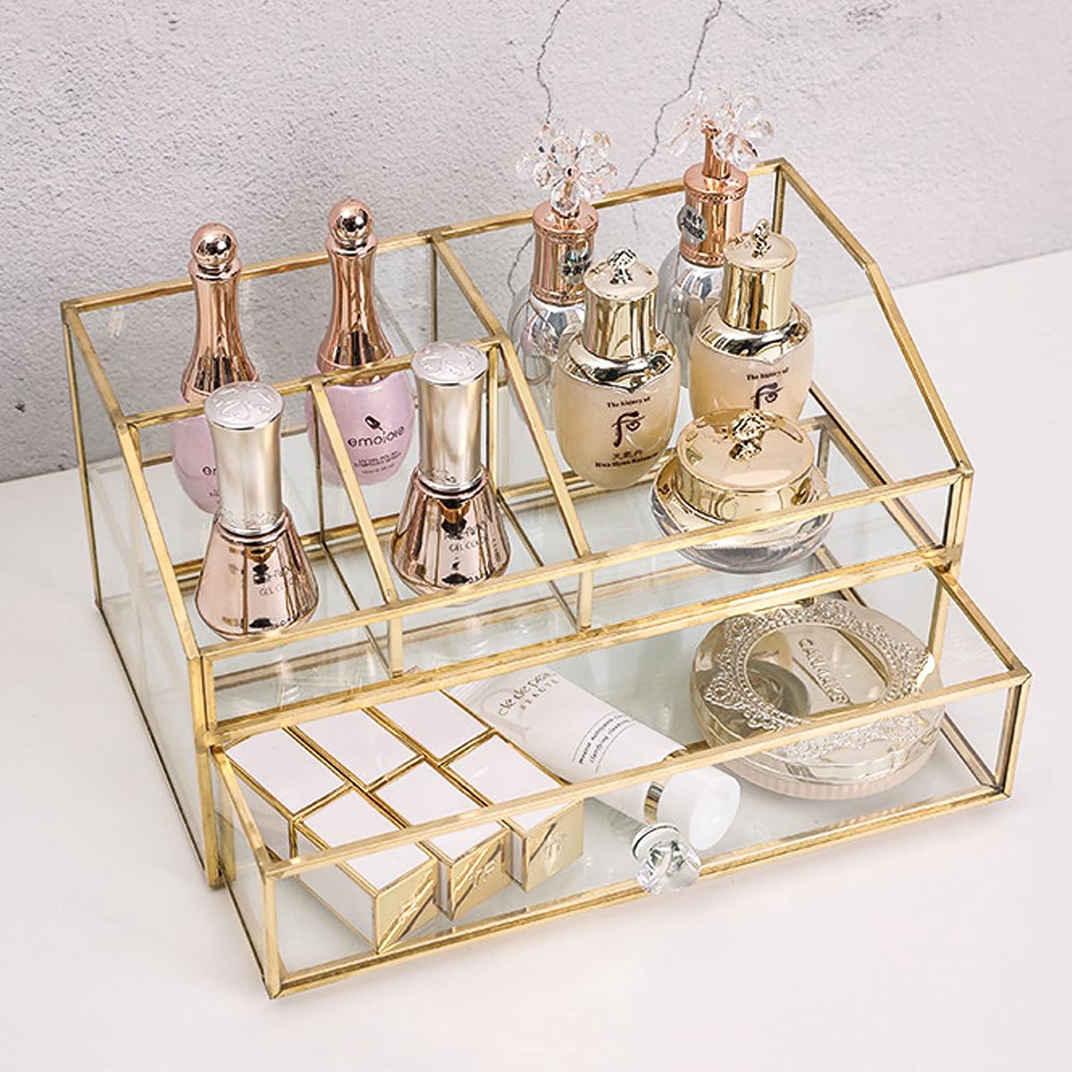 SnelShoppen - Glazen Make-up Borstelhouder - Cosmetische Organisator voor Sieraden - Scandinavische Stijl Elegante Nagellak en Lippenstift Houder voor