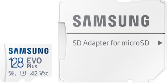 Samsung 128 GB EVO Plus microSD kaart met SD adapter.