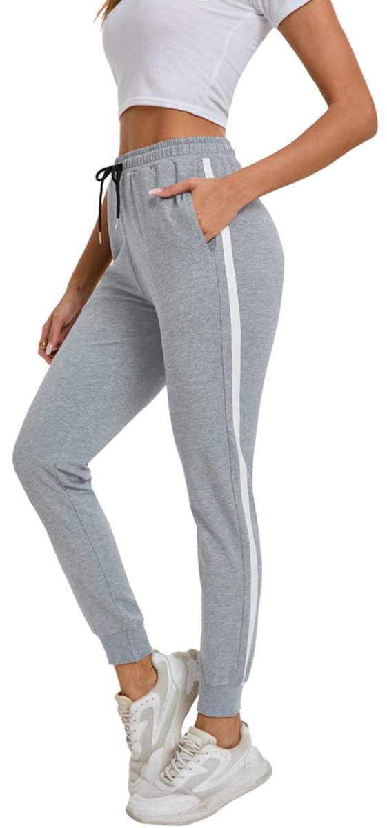 SnelShoppen - Joggingbroek Dames Katoen Casual Lichtgrijs M - Elastische Sportbroek voor Training en Fitness - Comfortabele Joggingbroek voor Thuis en