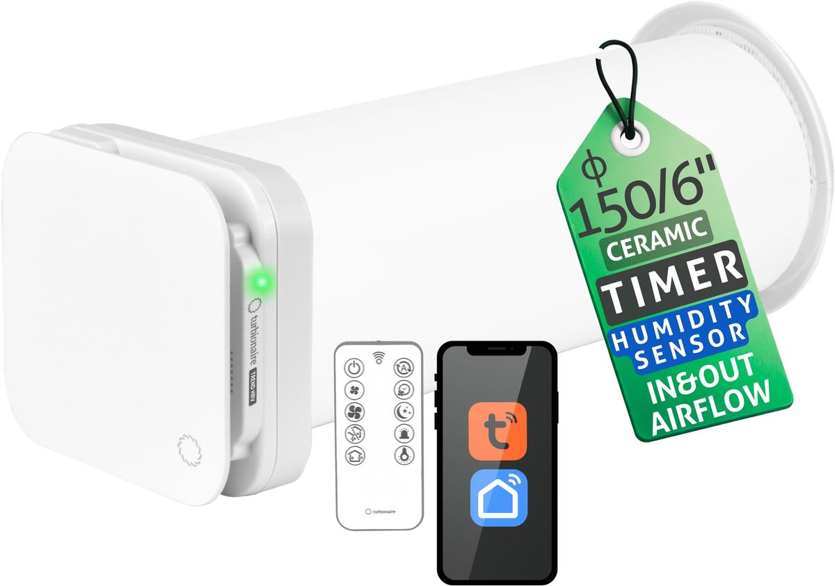 SnelShoppen - Turbionaire Trend HRV 150 WMW Decentrale VMC met Warmteterugwinning, Wifi, Vochtsensor, Afstandsbediening, 8 Snelheden, DC-Motor, Omkeer