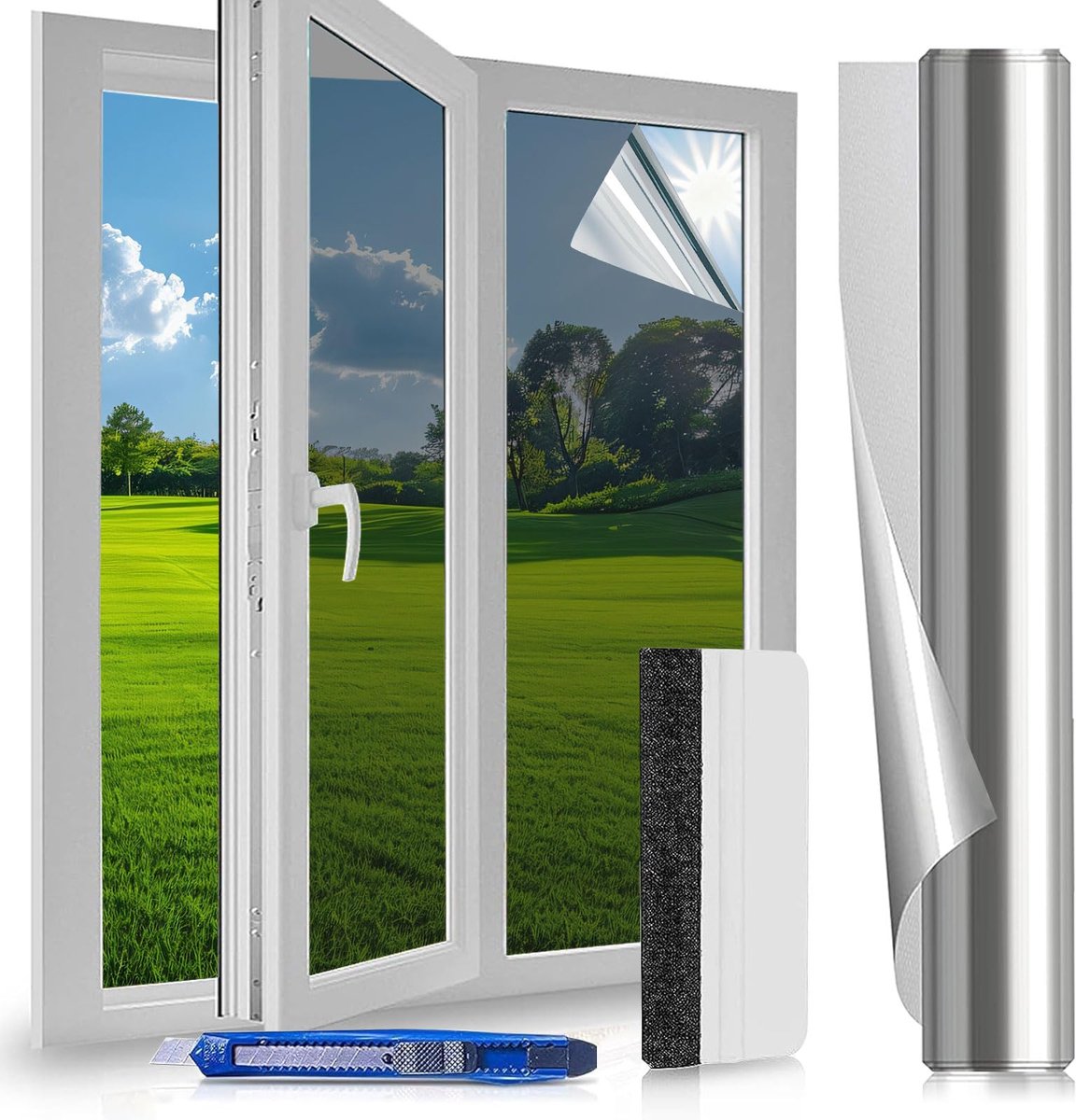 SnelShoppen - Vensterfolie Anti-kijker 60 x 400 cm - Privacybescherming, Anti-hitte & Anti-UV Spiegelvensterfolie met Montageset, Zilver voor Huis, Ka
