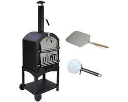 Pizza oven - zwart - 156 cm hoog - met pizzaschep & pizzasteen