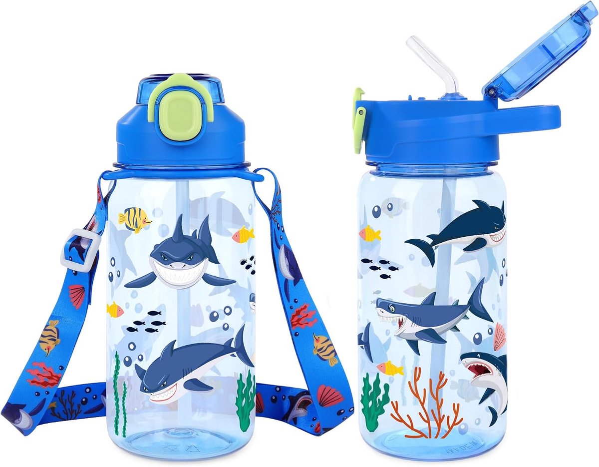 SnelShoppen - Shark Kids Waterfles 20 oz met Riem, Lekvrije Plastic Drinkfles voor Kinderen, Sport en School, Helderblauw met Haaien Design