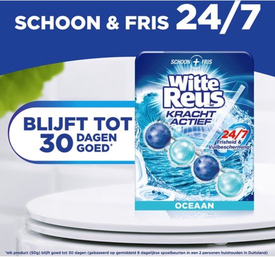 Witte Reus toiletblokken 'Oceaan' gaan tot 30 dagen mee en zorgen voor 24/7 frisheid en vuilbescherming.