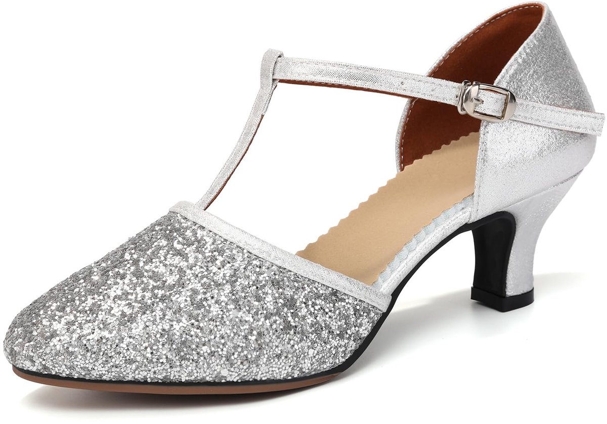 SnelShoppen - Damesballroomschoenen voor Latin en Salsa, Gesloten Teen, Lage Hak, T-bandje met Pailletten, Zilver, 5.5cm Hak, EU 41 - Perfect voor Tan