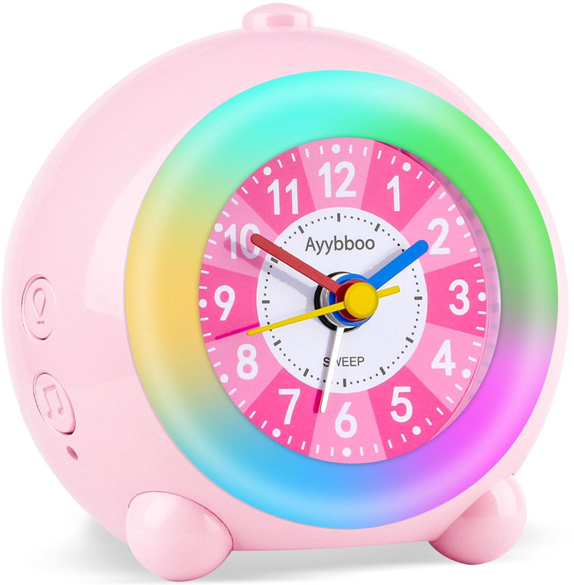 SnelShoppen - Kinderwekker zonder tikken, met snooze en nachtlampje, analoge wekker op batterijen, leerwekker voor jongens en meisjes, kwarts, roze, i
