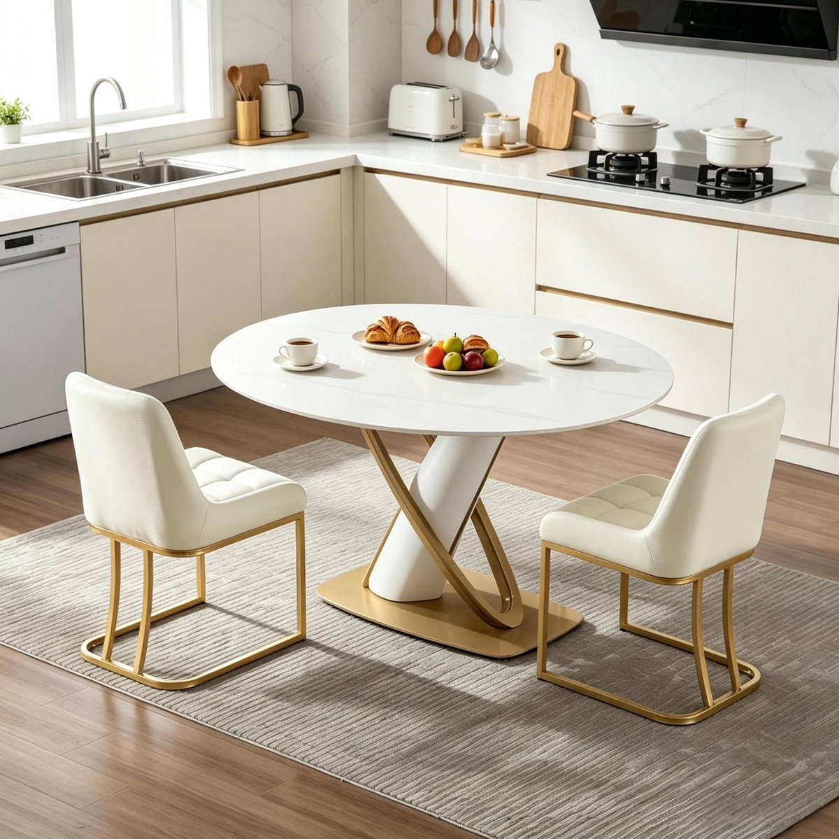 STILVORA Eetkamerstoel - Set Van 2 - Gepolsterde Velvet Zitting Met Goudkleurig Metalen Onderstel - Voor Eetkamer En Woonkamer - Beige