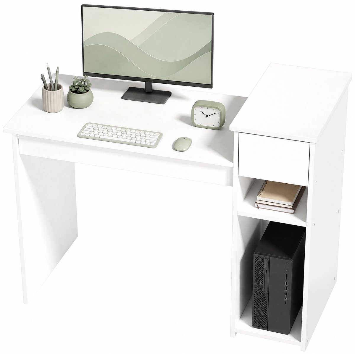 TEKROA® Bureau -Computerbureau met lade en plank - computerbureau met CPU-houder - voor Studeren en Werken - 108 x 50 x 82 cm - wit