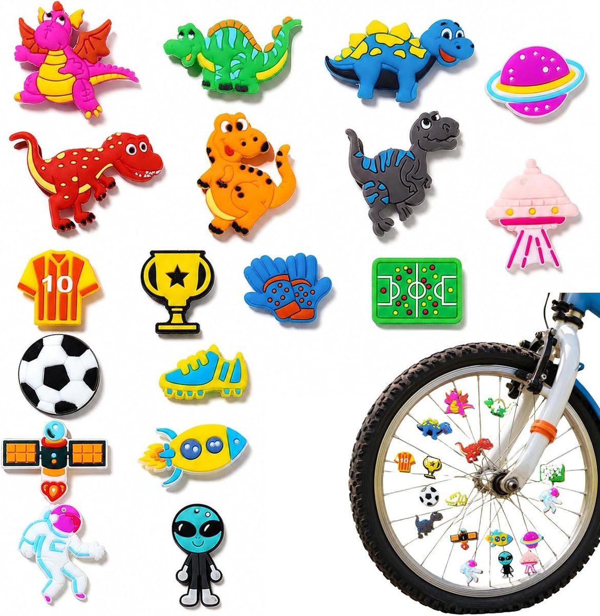 Creatieve Fiets Spaken Clips voor Kinderen, 18 PVC Decoraties met Wereld Alien en Dinosaurus Motieven, Unieke DIY Fietsaccessoires voor Kinderen