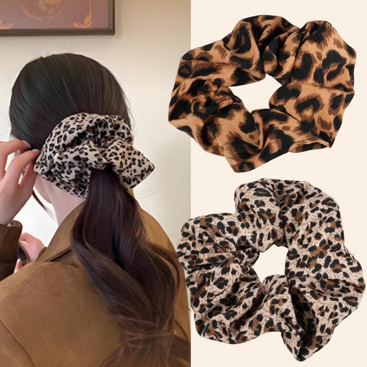 Set van 2 Dames Scrunchies met Luipaardpatroon, Extra Groot, 15-20 cm, Sterke Grip, Elastische Haaraccessoires voor Dik Haar, Zacht en Comfortabel