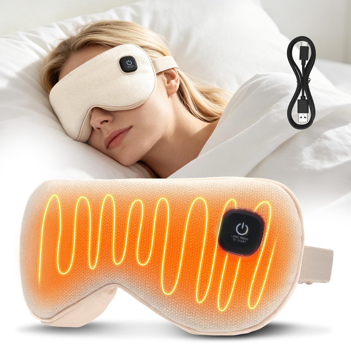 SnelShoppen - Verwarmd Oogmasker Draadloos Warm Kompres voor Droge Ogen met 3 Warmtestanden, Timer van 20 Minuten, Wasbare Hoes, 1500mAh Oplaadbaar Sl