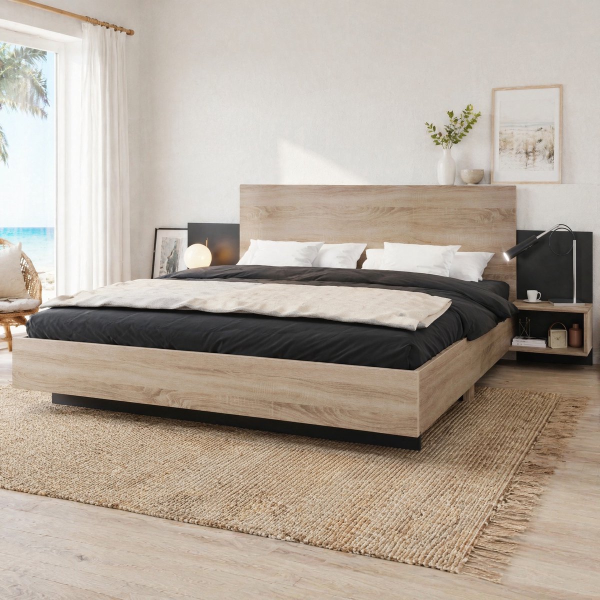 COVREO Dubbelbed met 2 nachtkastjes – 160x200 cm – Bed van FSC-gecertificeerd hout – voor slaapkamer – Sonoma eiken donkergrijs - zonder matras