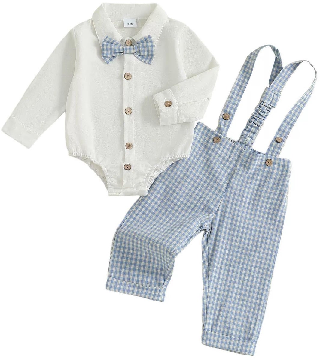 SnelShoppen - Baby Jongens Kleding Set Lange Mouwen Tops met Bretels en Geruite Broek Lichtblauw 0-3 Maanden Verjaardagskleding Feestkleding