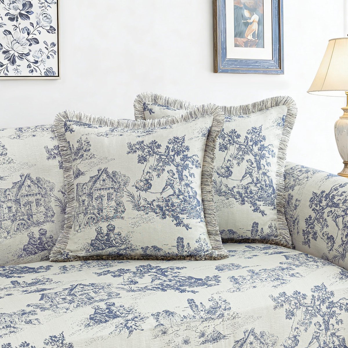 SnelShoppen - Kussensloop 45x45 cm, Jacquard Sierkussensloop met Ritssluiting, Decoratieve Kussenhoes Beige Blauw voor Bank, Slaapkamer, Woonkamer - 1