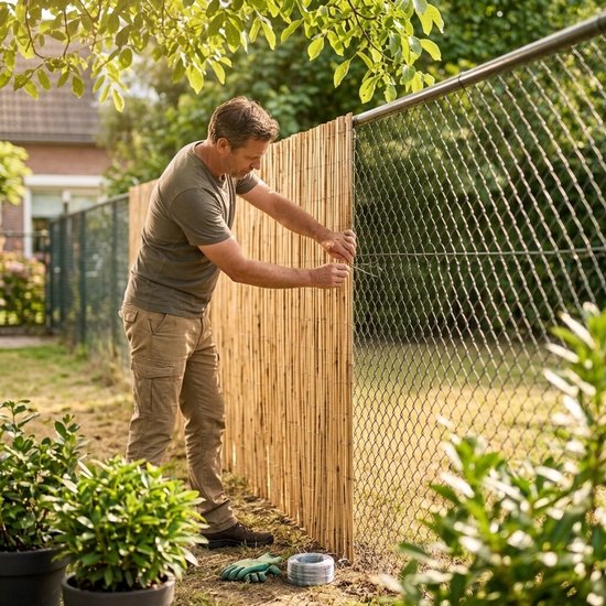 Man bevestigt een bamboe rolscherm aan een metalen hekwerk in een tuin. Hij draagt een groene T-shirt en bruine broek.