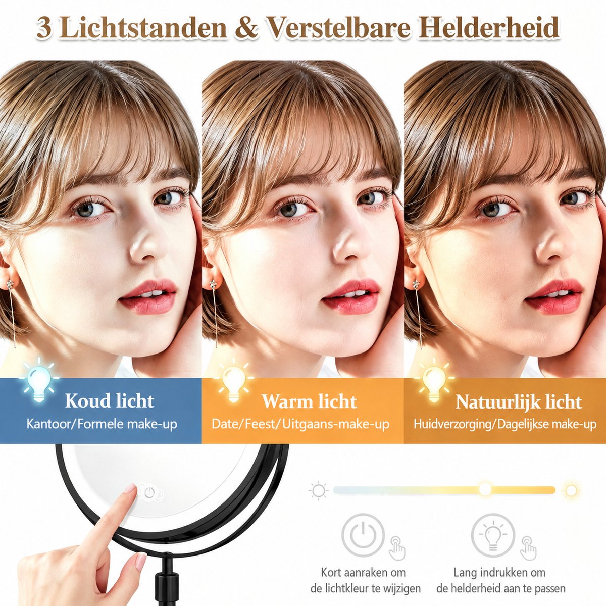 KHRONOX® Make Up Spiegel, Make-Up Spiegel Met LED Verlichting, 10x Vergroting, 3 Lichtstanden, USB Oplaadbaar, 2000 Mah, Vergrootspiegel, Make Up Spiegel 10x Vergroting, Badkamerspiegel, Scheerspiegel, 360° Draaibaar, Valentijnsdag, Cadeautje, ZILVER — cadeau in Verzorging - foto 5