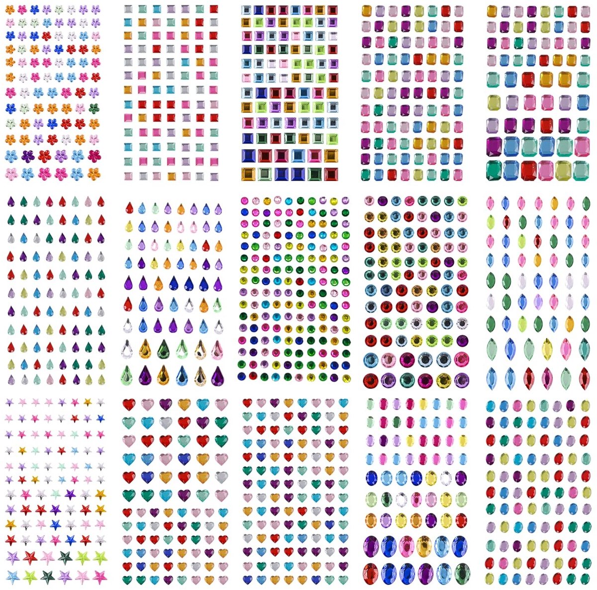 Dailygoods- Diamantstickers 15 Vellen - Zelfklevende Decoratieve Rhinestones - Kleurrijke Stickers - Diverse Vormen - Geschikt voor Kinderen - Gemaakt van Acryl - Decoratiestickers