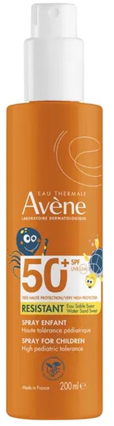 Oranje flacon zonnebrandspray SPF 50+ met cartoonafbeeldingen van zeedieren, tekst "Spray Enfant" en "Spray for Children".