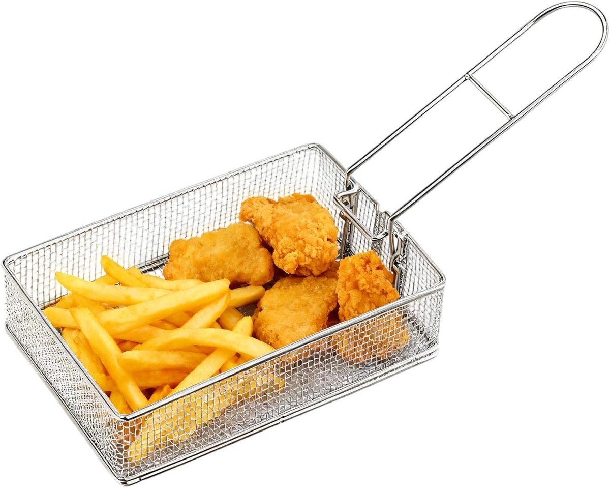 Frituurmand Roestvrij Staal - Mini Frituurmand Keukenmand - Frituren Zeven Serveren - Opvouwbaar Handvat - 19x12.9x5.6 cm - Zilver