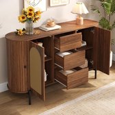 Dressoir Ovaal - Commode Kast - Opbergen Woonkamer - Rotan Deuren - 140x38x77.5cm - Walnoot