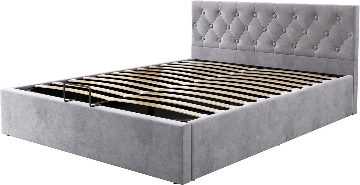 COVREO Bedframe 140x200 cm - grijs velvet, met opbergruimte, zonder matras