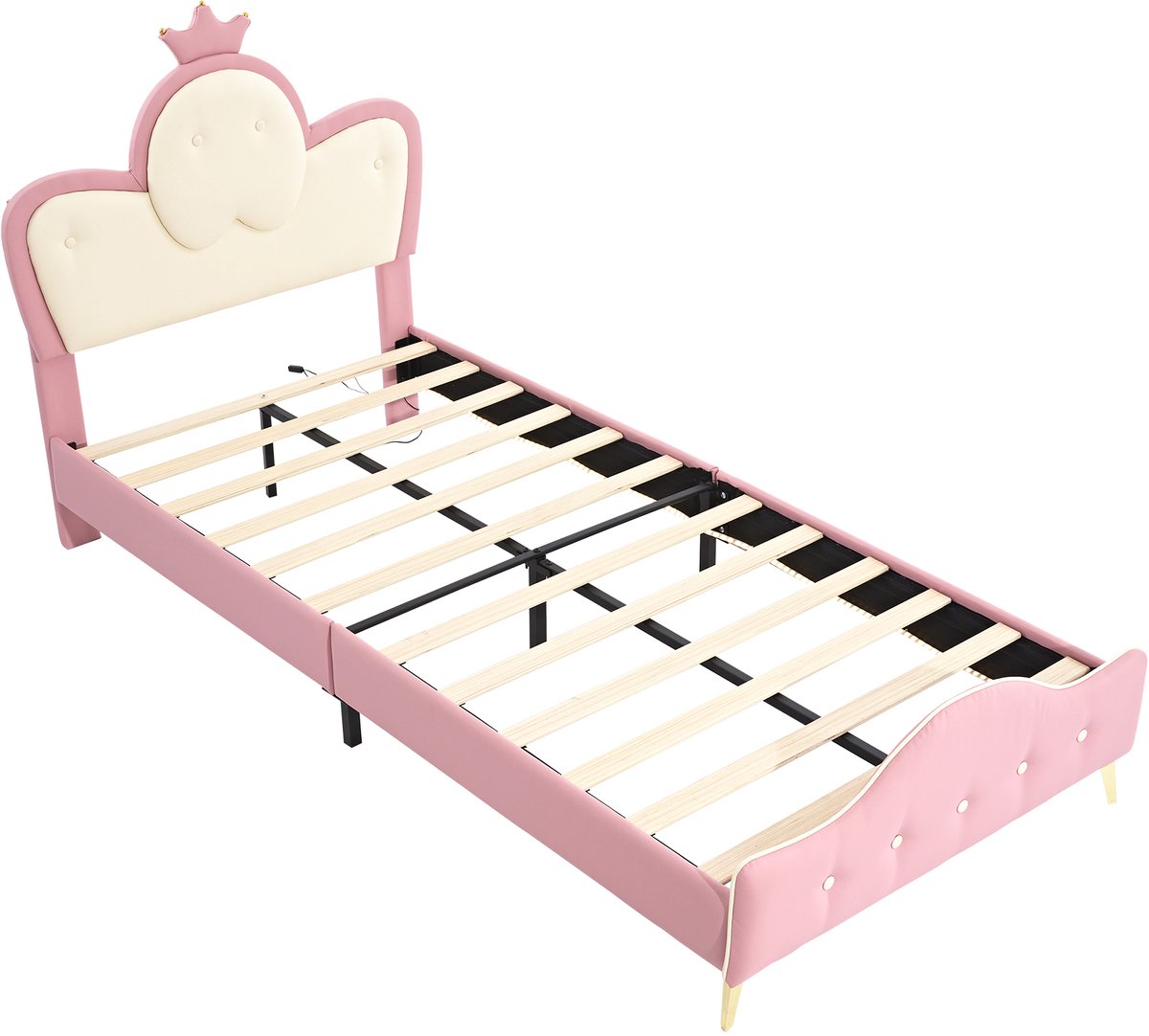 COVREO Kinderbed 206,5x101x112,5 cm – roze wit kunstleer met LED-verlichting en kroonhoofdbord