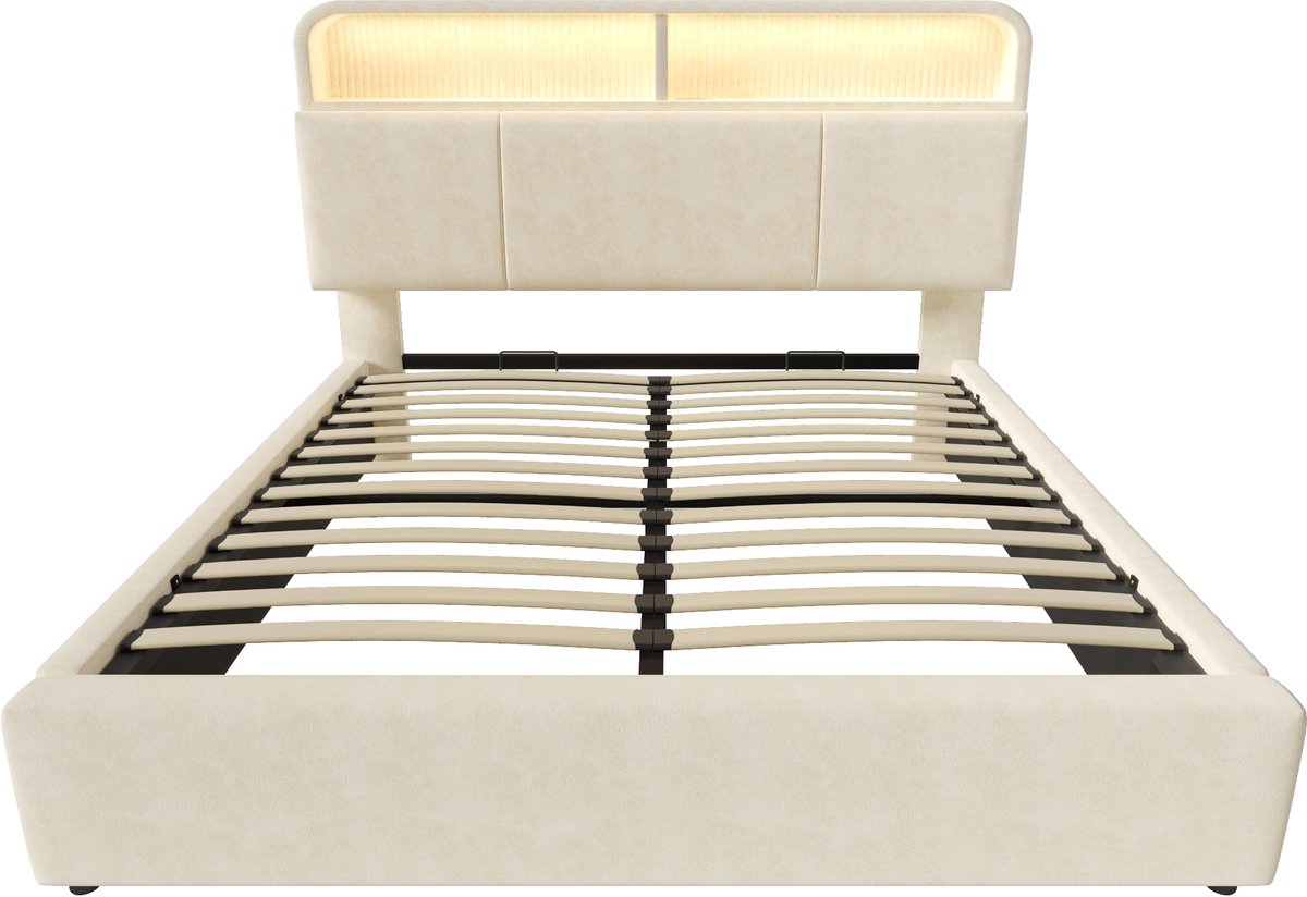 COVREO Bed met opberghoofdbord – 211x145x110 cm – Bedframe met LED en USB – 140x200 cm – Beige - met matras