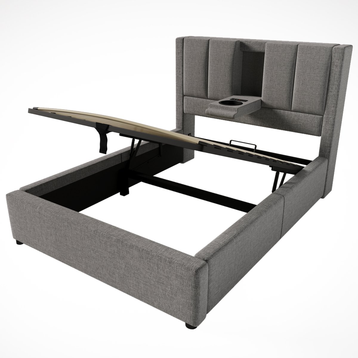 COVREO Bedframe met laadstation – 90x200 cm – Opbergbed van linnen – voor opslag – Grijs - zonder matras