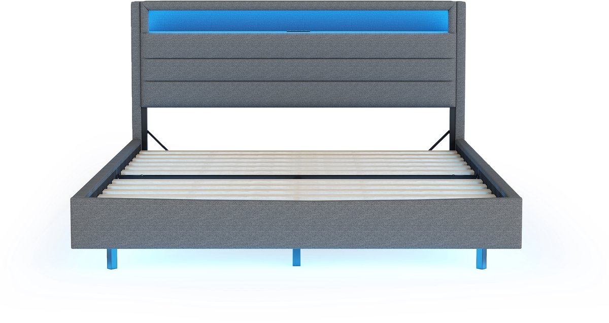 COVREO Bedframe 140x200 cm - grijs stoffen frame met LED, zonder matras
