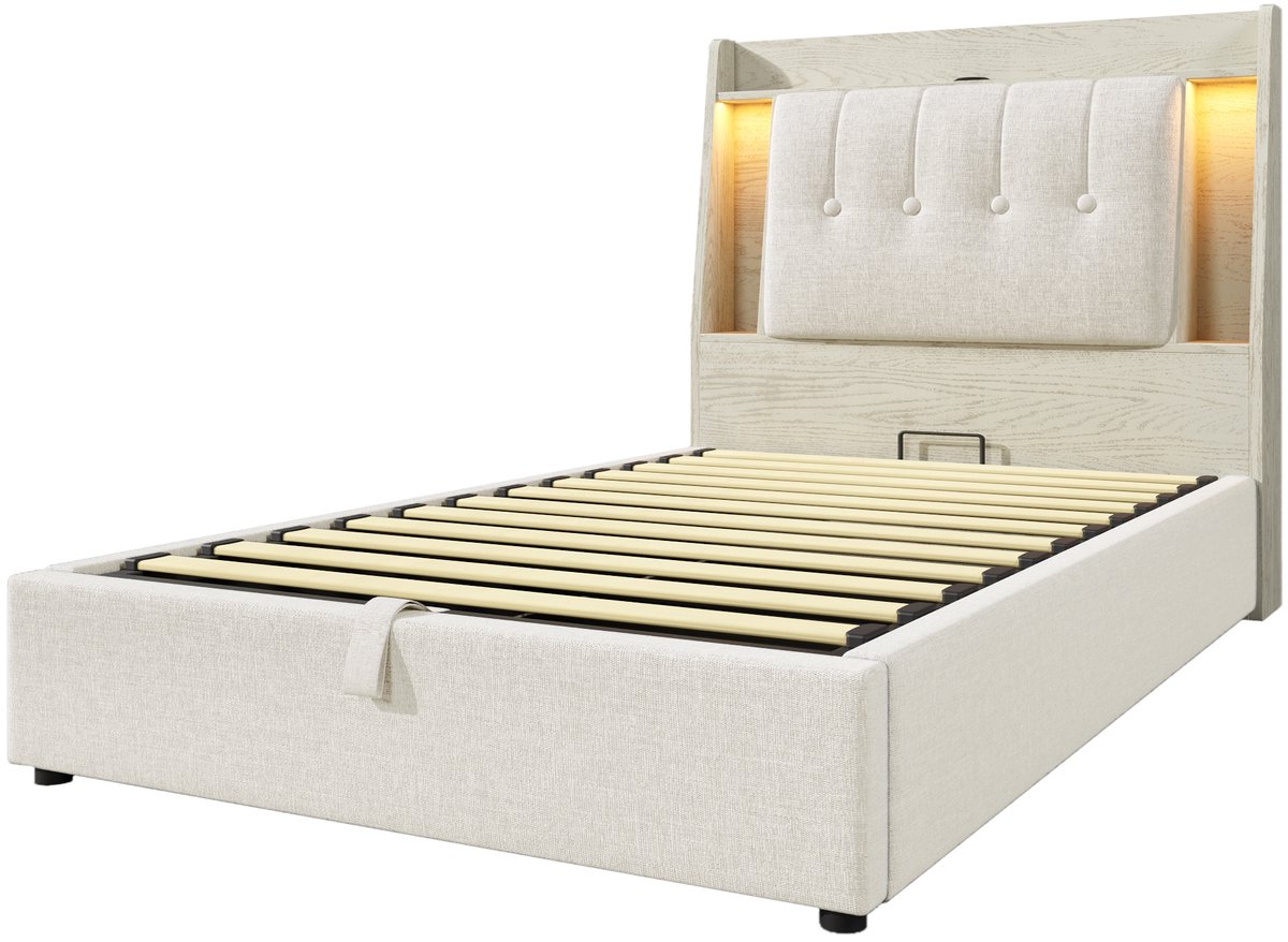 COVREO Gestoffeerd bed met opbergvakken en USB-C – 90x200 cm – Bedframe van MDF en linnen – voor slaapkamer en extra bergruimte – Beige - zonder matras