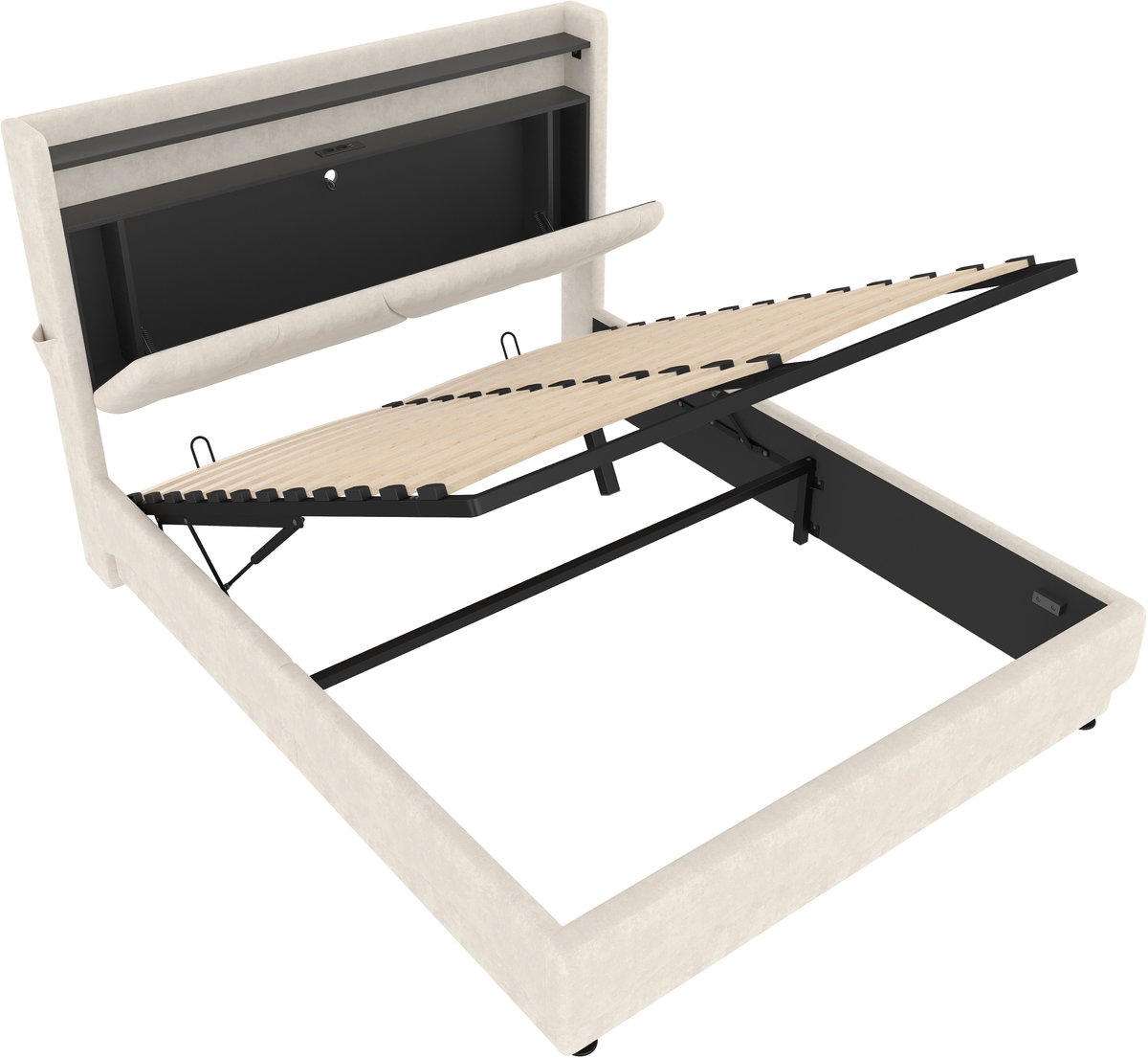 COVREO Bed met LED-hoofdbord – 140x200 cm – Tweepersoons frame met laadpunten – Gestoffeerd model met zijvakken – Beige - zonder matras