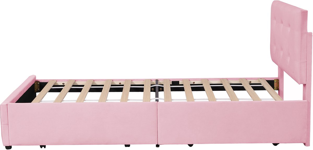 COVREO Bedframe 90x200 cm pink stof met hoofdbord, 2 lades, zonder matras